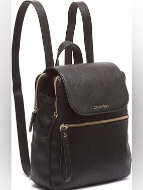 Calvin Klein Reyna Black Leather Backpack with Gold Zippers
